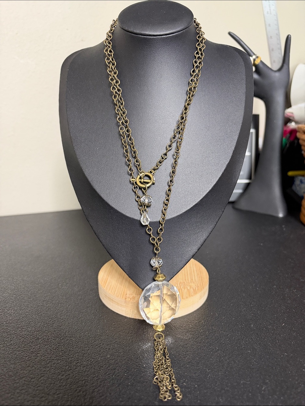 Premier Designs Antique Gold-Tone Long Glass Crystal Pendant Necklace - Clear